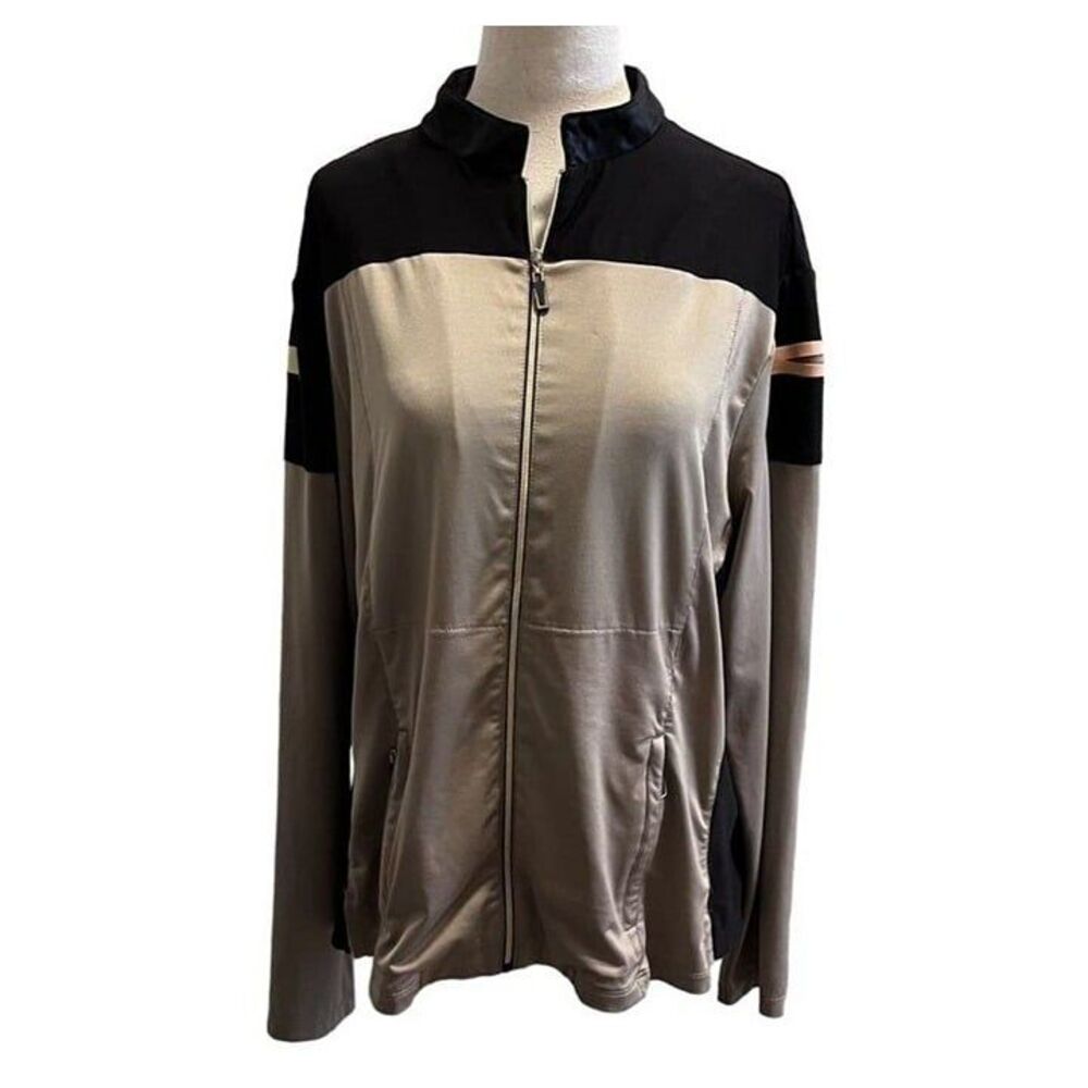 Jamie Sadock Womens Large Athletic Jacket Polyester Spandex Full Zip Black Beige